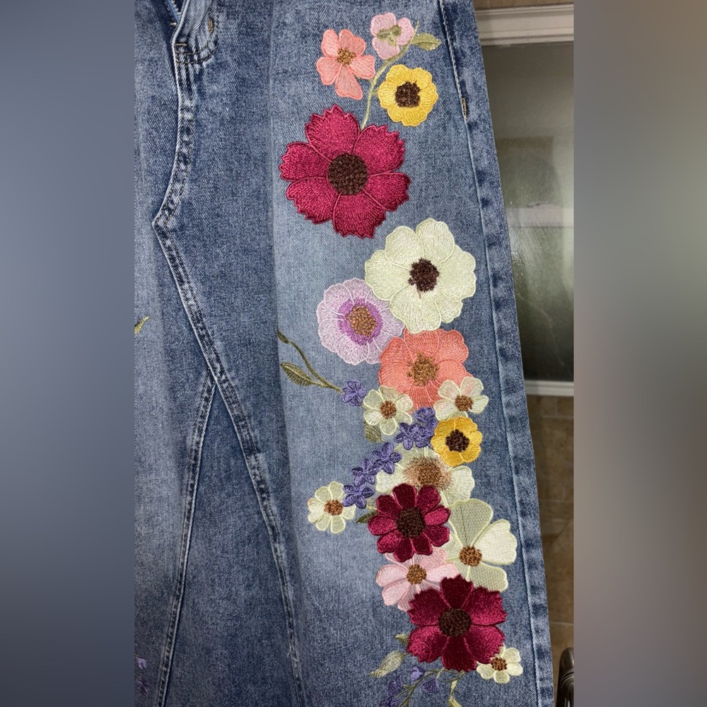Upcycled Art to Wear Floral Embroidered A-line Denim Maxi Skirt - Picture 5 of 7